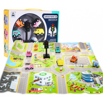 Zestaw 6 autek z matą dla dzieci 3+ Interaktywny sygnalizator świetlny + Mata miasta